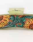 American Darling Floral Long Hair Claw Hand Tooled Carved Genuine Leather Brown Clips Clutcher Gift For Women Girls