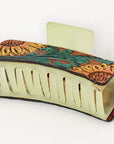 American Darling Floral Long Hair Claw Hand Tooled Carved Genuine Leather Brown Clips Clutcher Gift For Women Girls