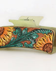 American Darling Floral Long Hair Claw Hand Tooled Carved Genuine Leather Brown Clips Clutcher Gift For Women Girls