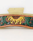American Darling Floral Long Hair Claw Hand Tooled Carved Genuine Leather Brown Clips Clutcher Gift For Women Girls