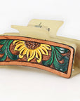 American Darling Floral Long Hair Claw Hand Tooled Carved Genuine Leather Brown Clips Clutcher Gift For Women Girls