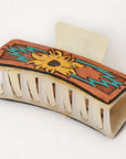 American Darling Floral Long Hair Claw Hand Tooled Carved Genuine Leather Brown Clips Clutcher Gift For Women Girls