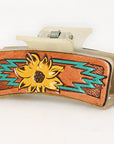 American Darling Floral Long Hair Claw Hand Tooled Carved Genuine Leather Brown Clips Clutcher Gift For Women Girls
