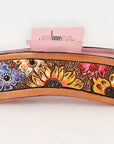 American Darling Floral Long Hair Claw Hand Tooled Carved Genuine Leather Brown Clips Clutcher Gift For Women Girls