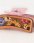 American Darling Floral Long Hair Claw Hand Tooled Carved Genuine Leather Brown Clips Clutcher Gift For Women Girls