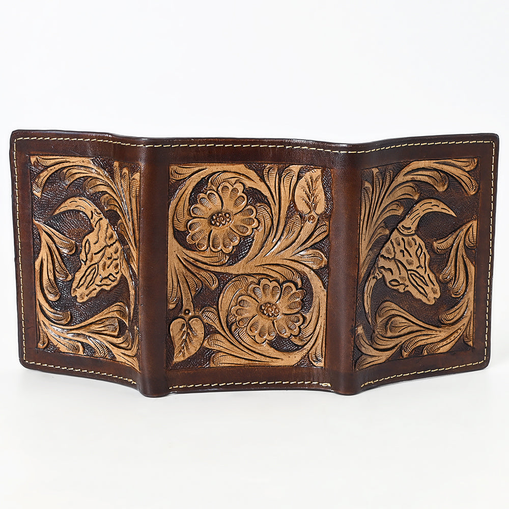 BAR H EQUINE Rodeo Steer Head Bifold &amp; Trifold Wallet For Men Women Genuine Leather Brown