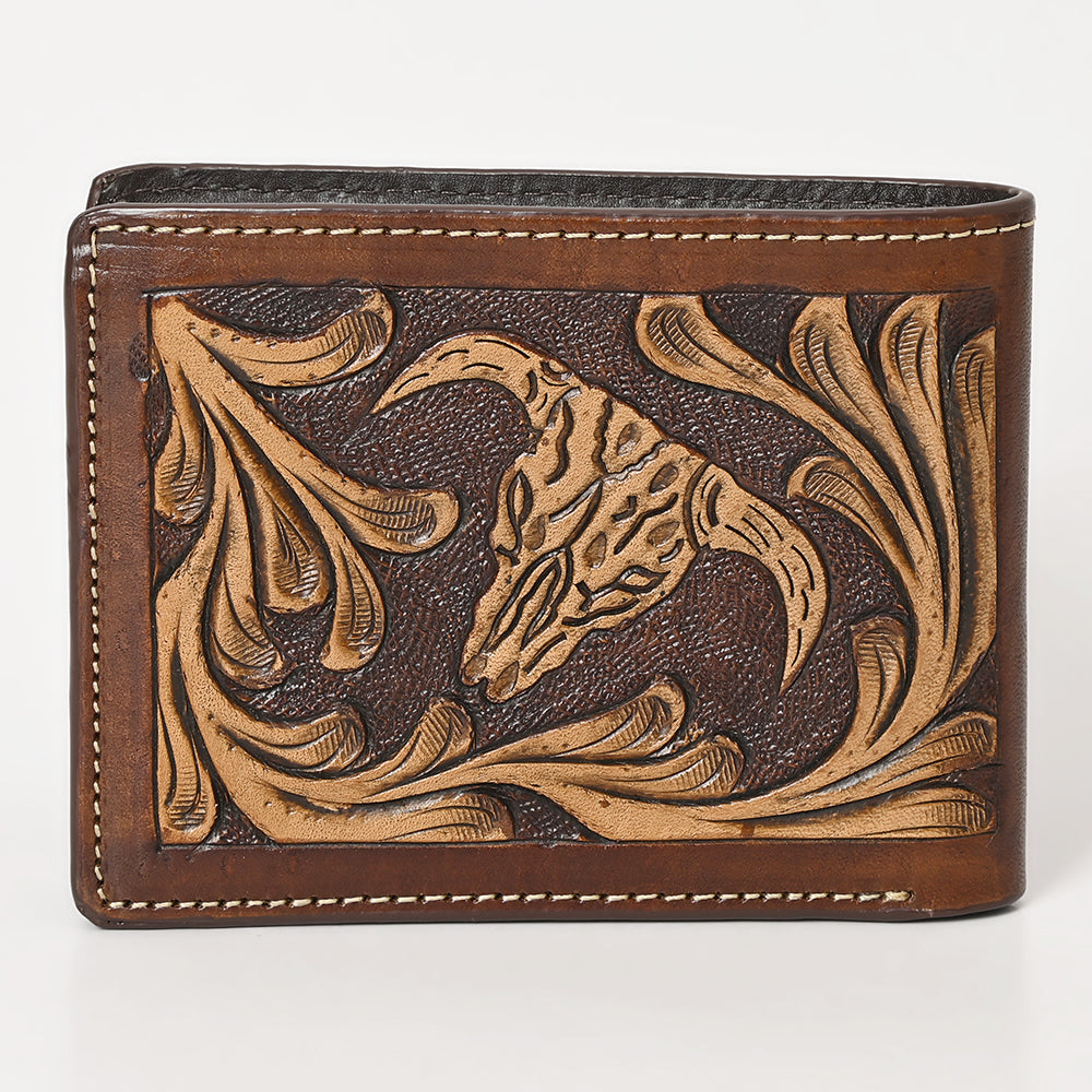 BAR H EQUINE Rodeo Steer Head Bifold &amp; Trifold Wallet For Men Women Genuine Leather Brown