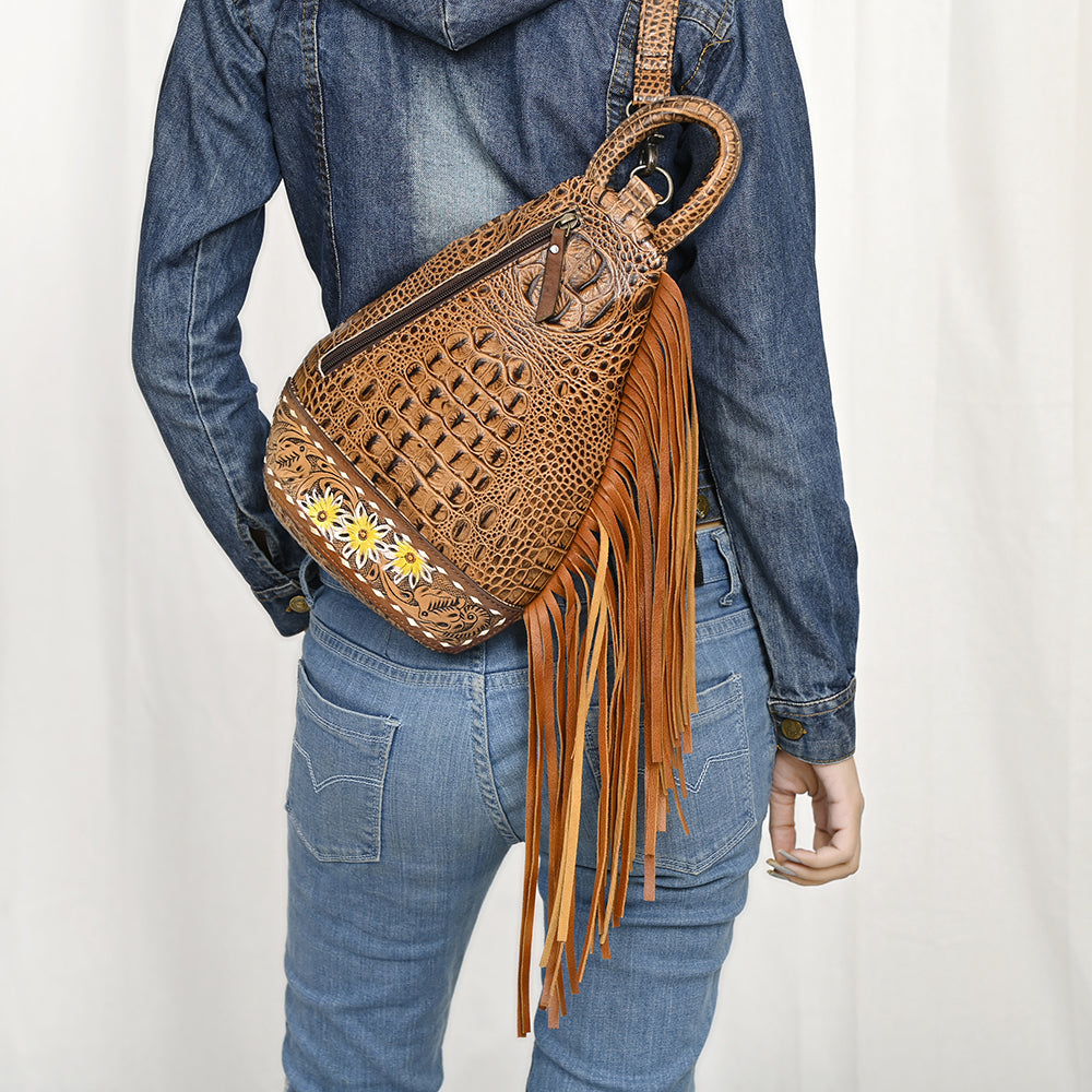 American Darling Sling Hand Tooled Crocodile Embossed Genuine Leather Women Bag Western Handbag Purse