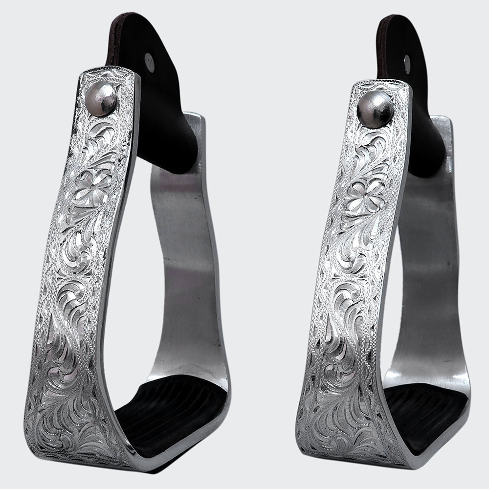HILASON 3&quot; Neck Western Aluminium Slanted Horse Stirrups Floral Engraved