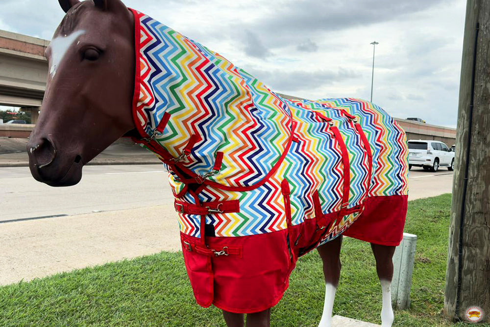 HILASON 1200D Winter Waterproof Poly Horse Hood Turnout Neck Blanket Belly Wrap Rainbow Zigzag