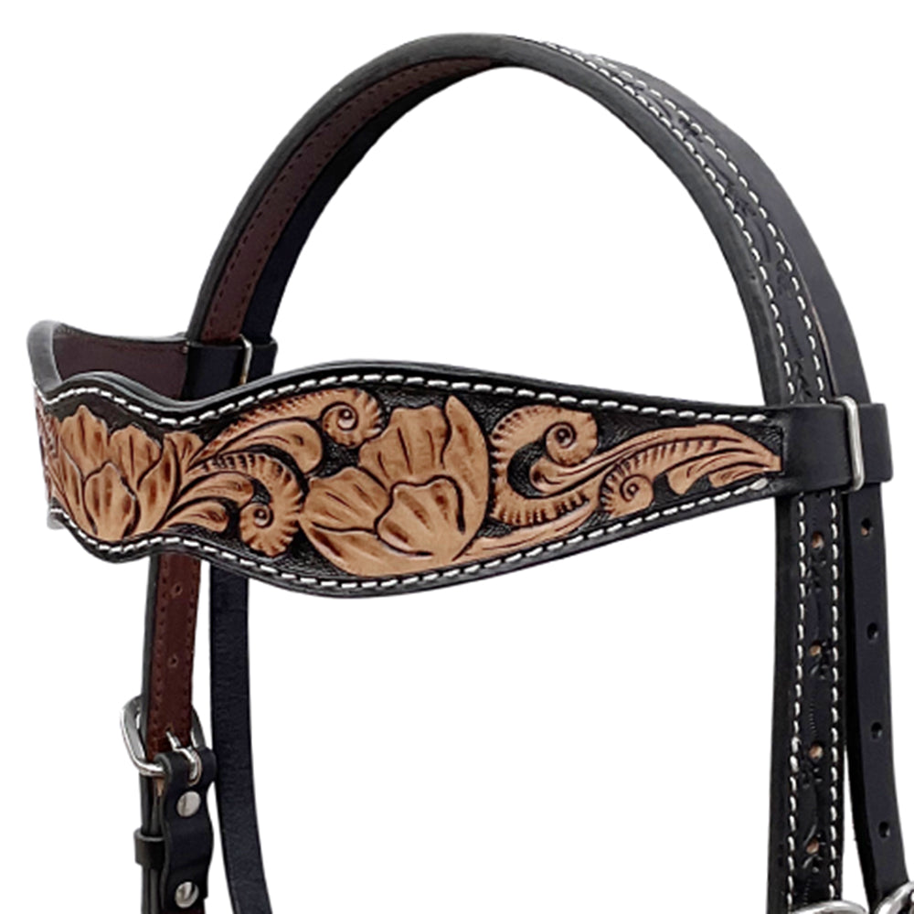BAR H EQUINE Western Handtooled Leather Horse Headstall &amp; Breast Collar Set