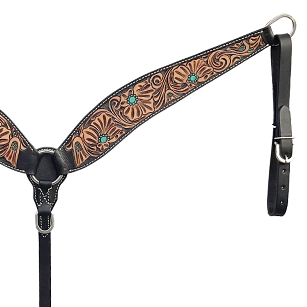 BAR H EQUINE Western Handtooled Leather Horse Headstall &amp; Breast Collar Set