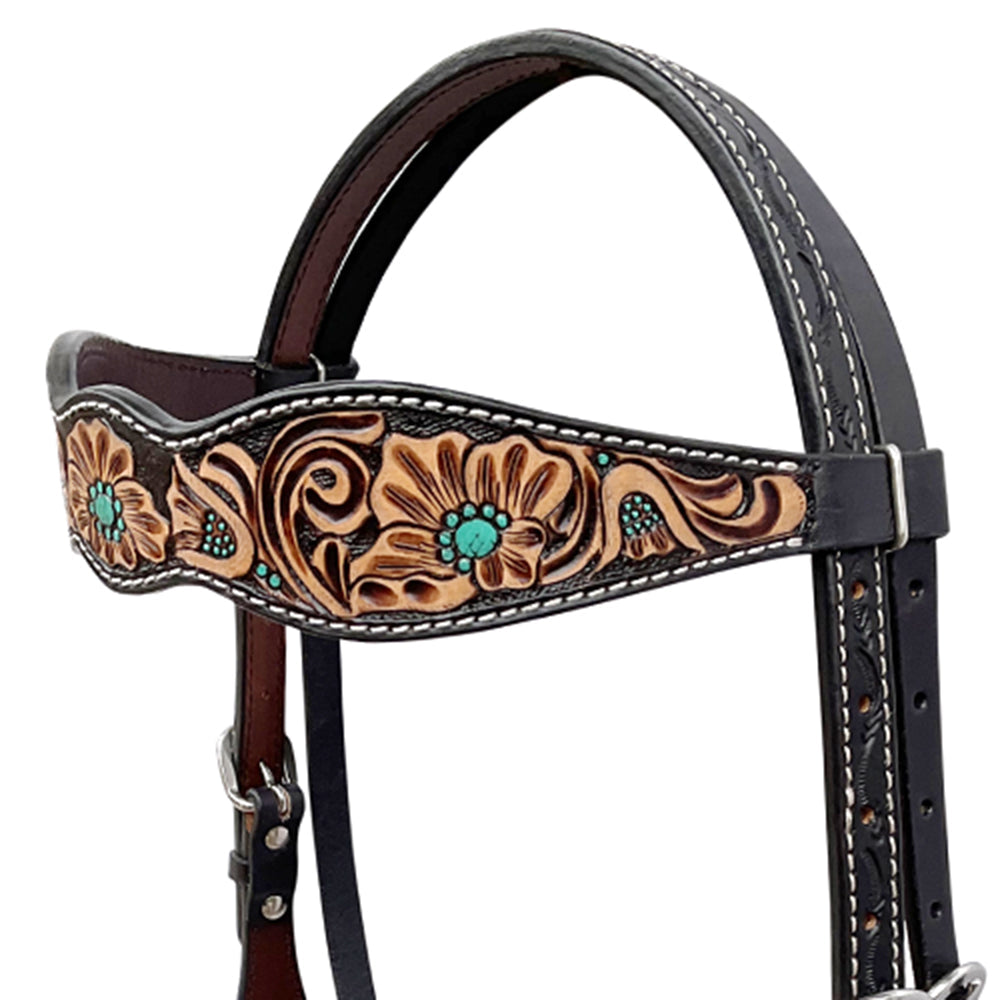 BAR H EQUINE Western Handtooled Leather Horse Headstall &amp; Breast Collar Set
