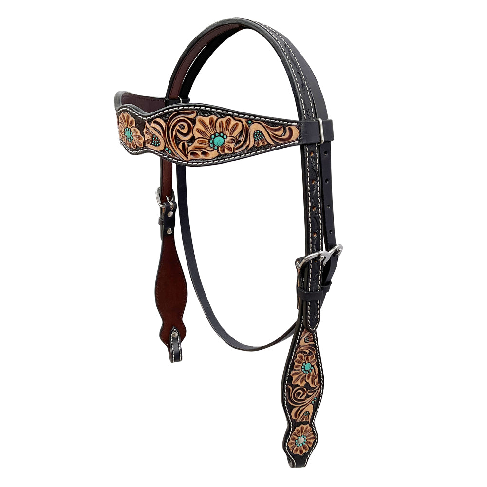 BAR H EQUINE Western Handtooled Leather Horse Headstall &amp; Breast Collar Set