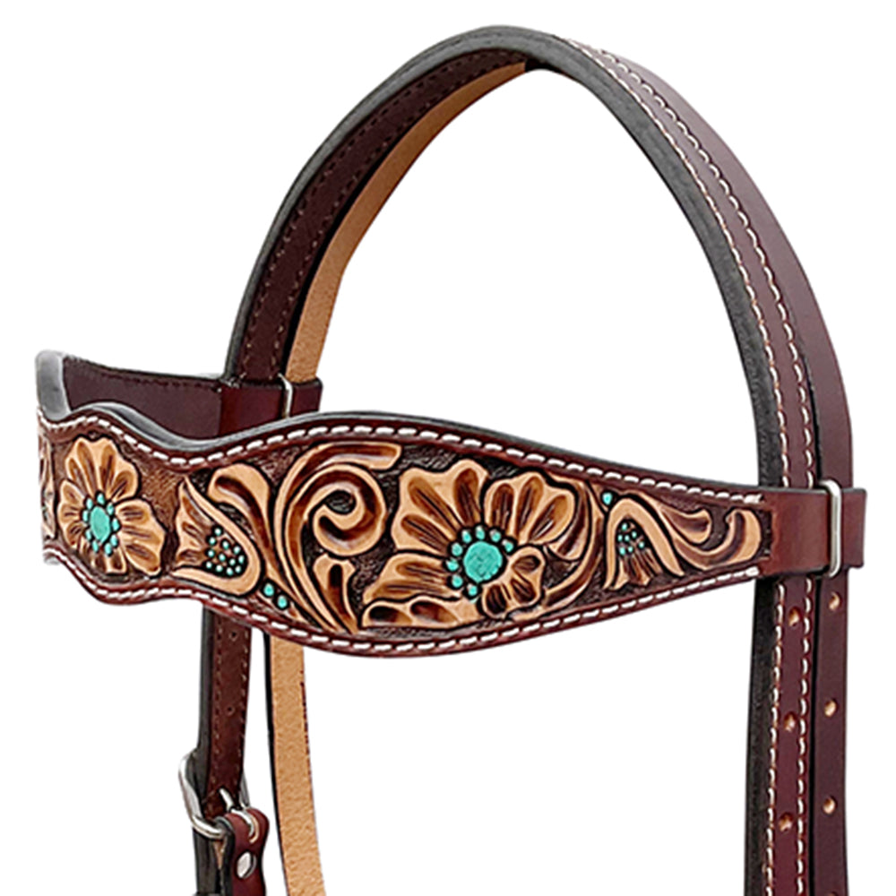 BAR H EQUINE Western Handtooled Leather Horse Headstall &amp; Breast Collar Set