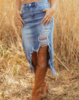 Denim Distressed Midi Skirt