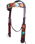 Bar H Equine American Leather Horse Saddle Tack One Ear Headstall | Breast Collar | Browband Headstall | Wither Strap | Tack Set for Horses Turquoise Bloom BER111