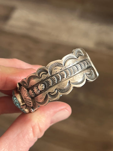 Navajo Sterling Silver and Spiderweb Kingman Turquoise Cuff Bracelet by Gilbert Tom