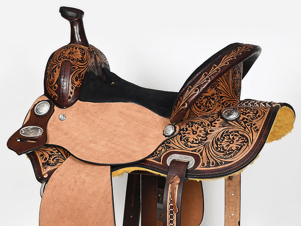 COMFYTACK Western Horse Barrel Racing American Leather Saddle Floral Carved &amp; Tack Set Dark Brown