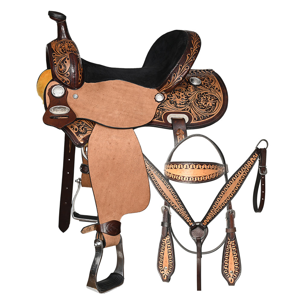 COMFYTACK Western Horse Barrel Racing American Leather Saddle Floral Carved &amp; Tack Set Dark Brown