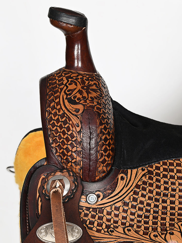 COMFYTACK Western Horse Barrel Racing American Leather Saddle Floral Carved &amp; Tack Set Dark Brown