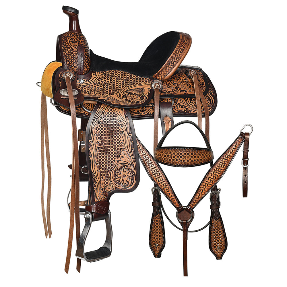 COMFYTACK Western Horse Barrel Racing American Leather Saddle Floral Carved &amp; Tack Set Dark Brown