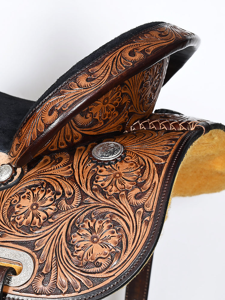 COMFYTACK Western Horse Barrel Racing American Leather Saddle Floral Carved &amp; Tack Set Dark Brown