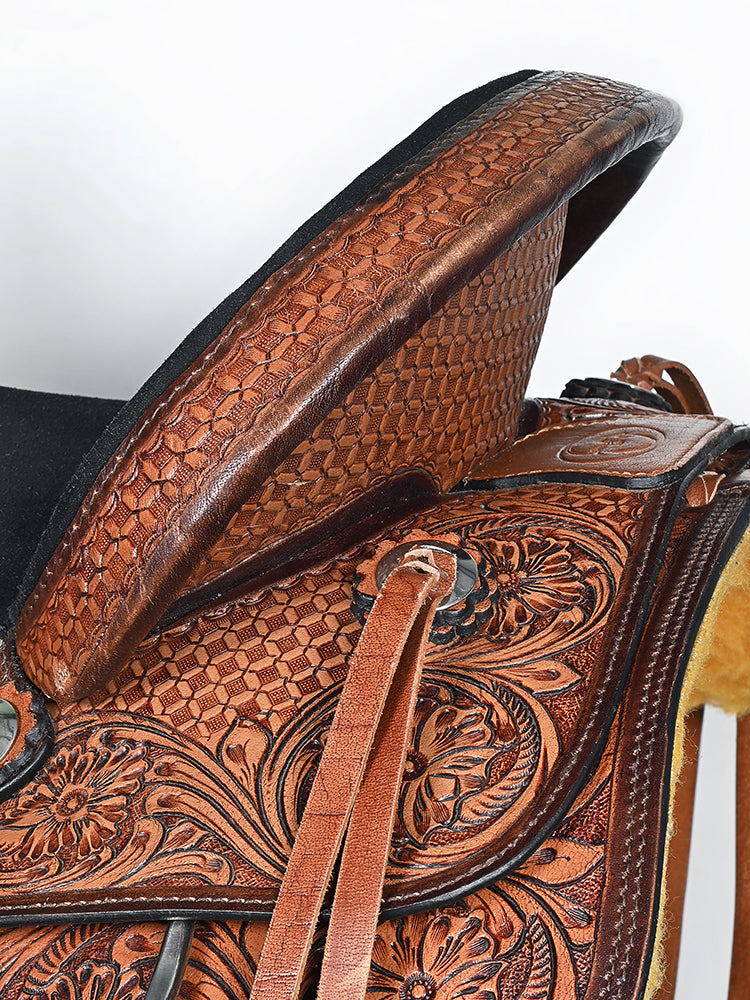 COMFYTACK Western Horse Barrel Racing American Leather Saddle Floral Carved &amp; Tack Set Dark Brown