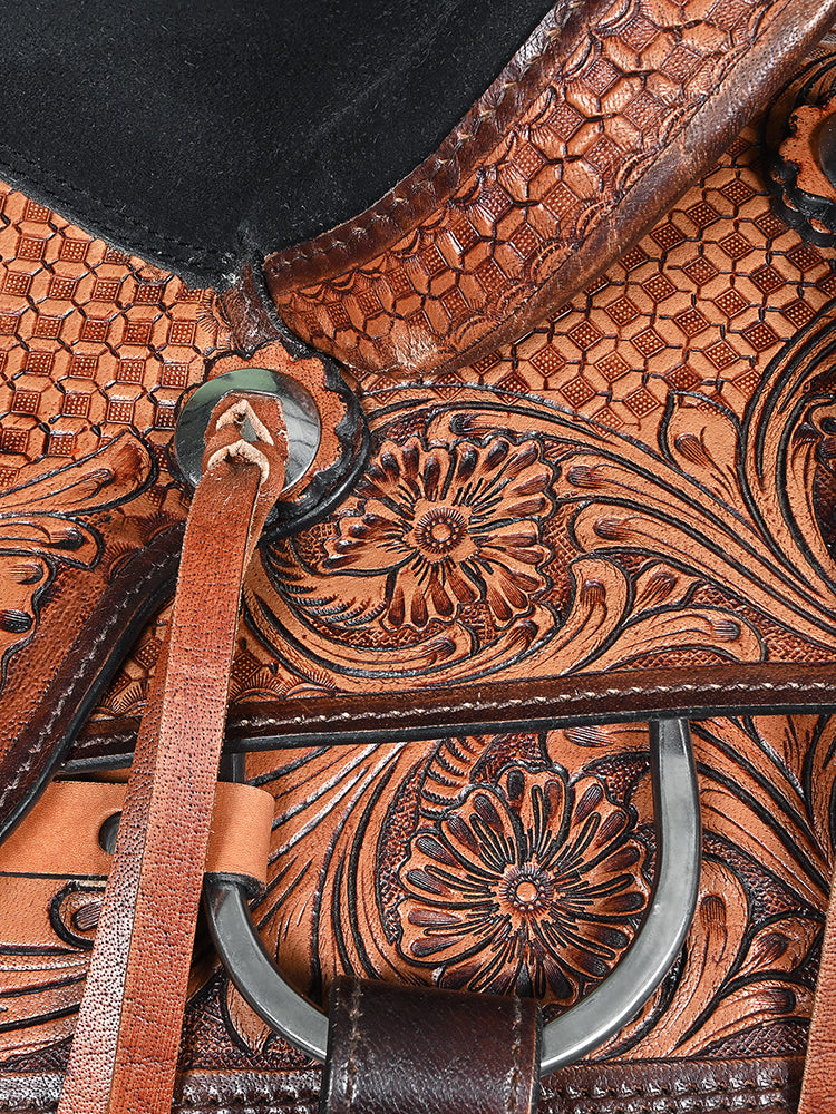 COMFYTACK Western Horse Barrel Racing American Leather Saddle Floral Carved &amp; Tack Set Dark Brown