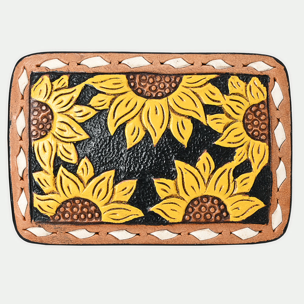 AMERICAN DARLING Floral Hand Carved Painted Belt Buckle Genuine Leather Covered Stylish Buckle