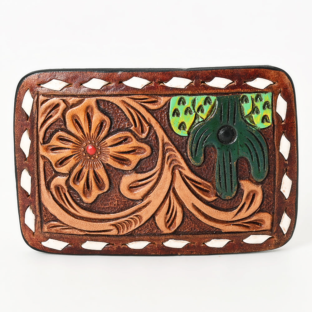 AMERICAN DARLING Floral Hand Carved Painted Belt Buckle Genuine Leather Covered Stylish Buckle
