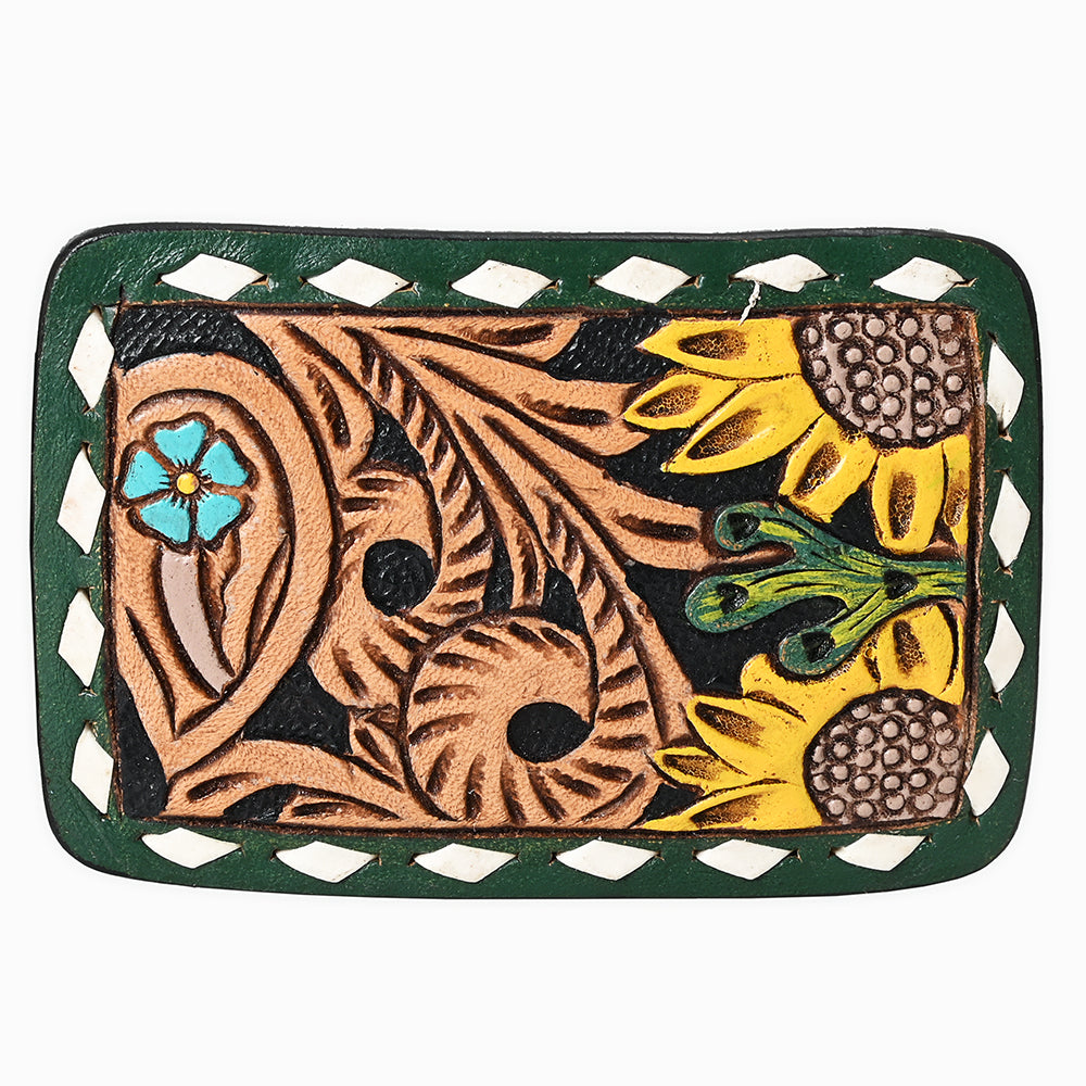 AMERICAN DARLING Floral Hand Carved Painted Belt Buckle Genuine Leather Covered Stylish Buckle