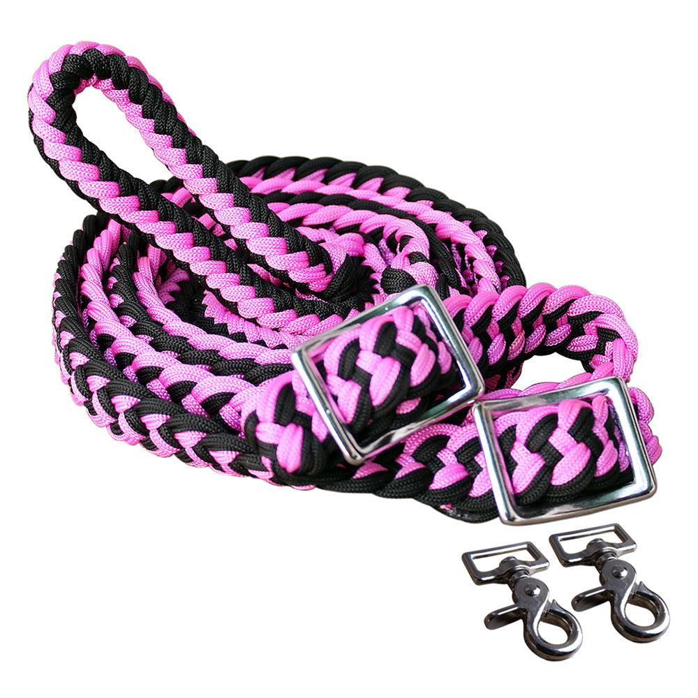 1&quot; X 8Ft Hilason Braided Poly Barrel Horse Racing Reins Flat Grip Knots W/ Snaps