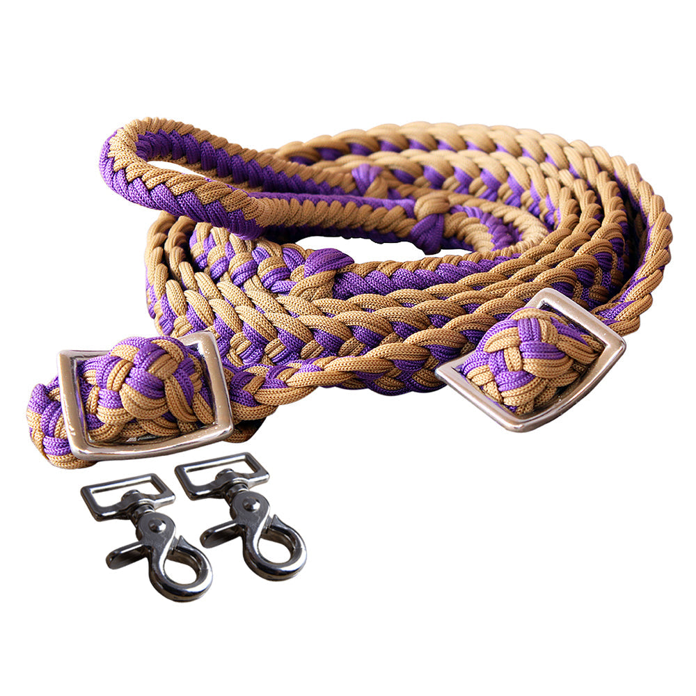 1&quot; X 8Ft Hilason Braided Poly Barrel Horse Racing Reins Flat Grip Knots W/ Snaps