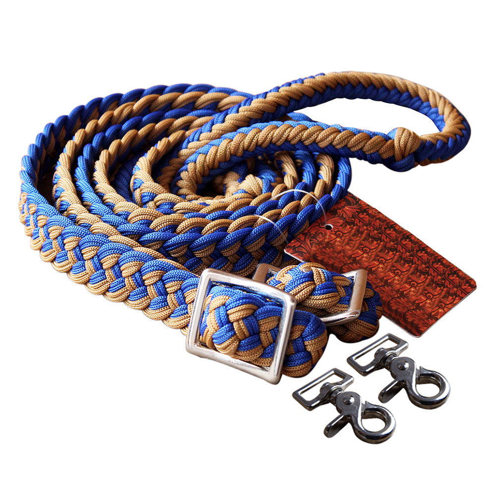 1&quot; X 8Ft Hilason Braided Poly Barrel Horse Racing Reins Flat Grip Knots W/ Snaps
