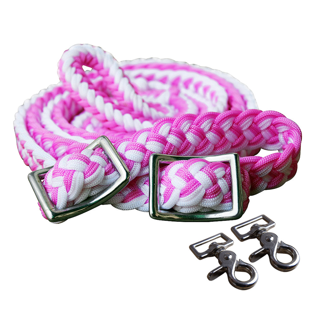 1&quot; X 8Ft Hilason Braided Poly Barrel Horse Racing Reins Flat Grip Knots W/ Snaps