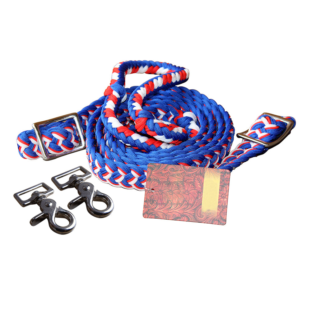 1&quot; X 8Ft Hilason Braided Poly Barrel Horse Racing Reins Flat Grip Knots W/ Snaps