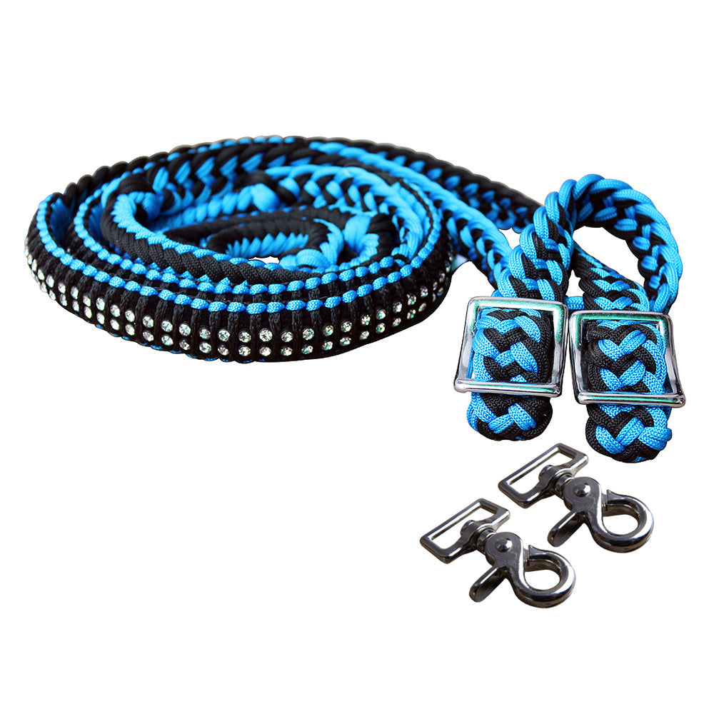 1&quot; X 8Ft Hilason Braided Poly Horse Barrel Reins Flat Grip Knots Crystal W/ Snaps