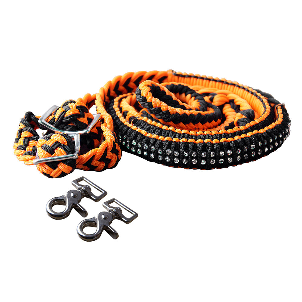 1&quot; X 8Ft Hilason Braided Poly Horse Barrel Reins Flat Grip Knots Crystal W/ Snaps