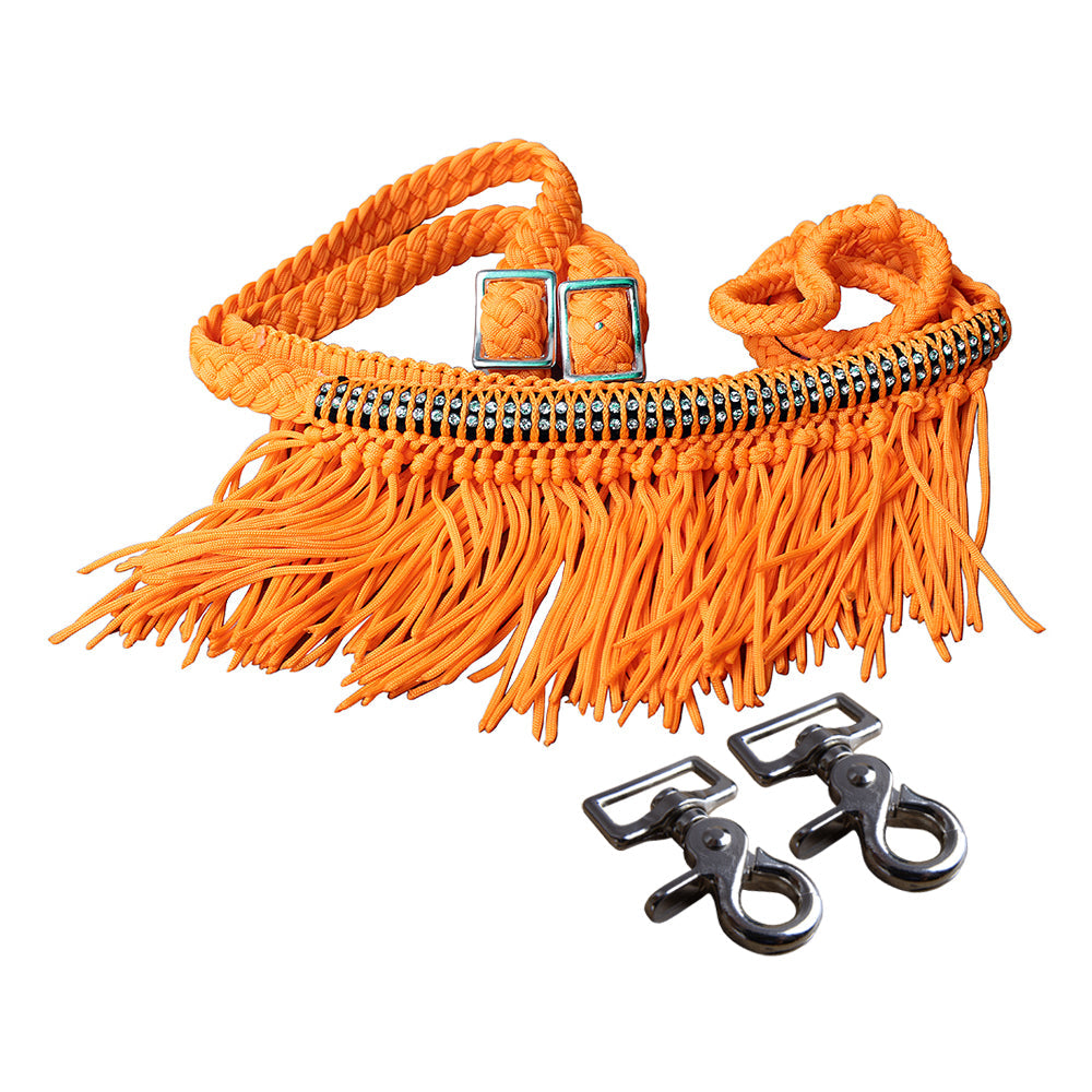 1&quot; X 8Ft Hilason Braided Barrel Horse Racing Reins Knots Fringe Crystal W/ Snaps