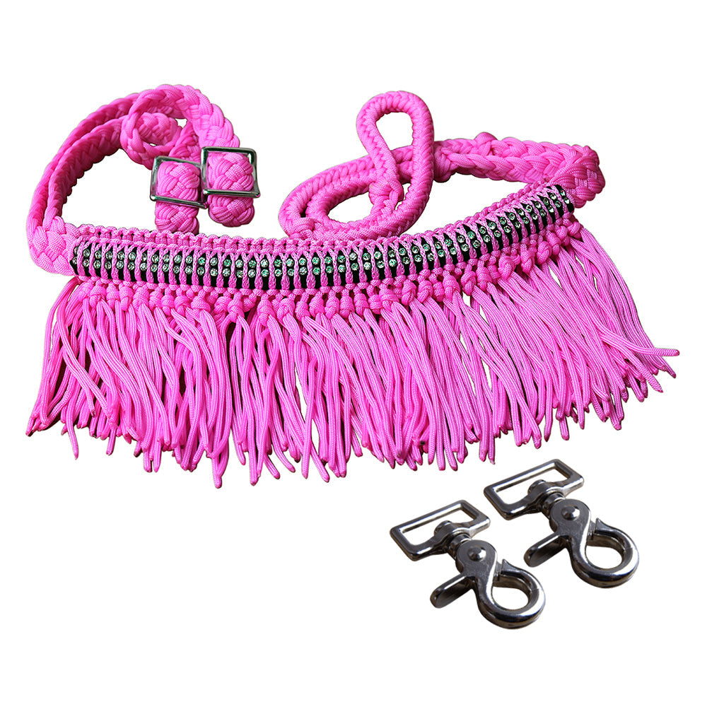 1&quot; X 8Ft Hilason Braided Barrel Horse Racing Reins Knots Fringe Crystal W/ Snaps