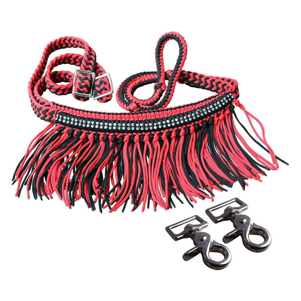 1&quot; X 8Ft Hilason Braided Barrel Horse Racing Reins Knots Fringe Crystal W/ Snaps