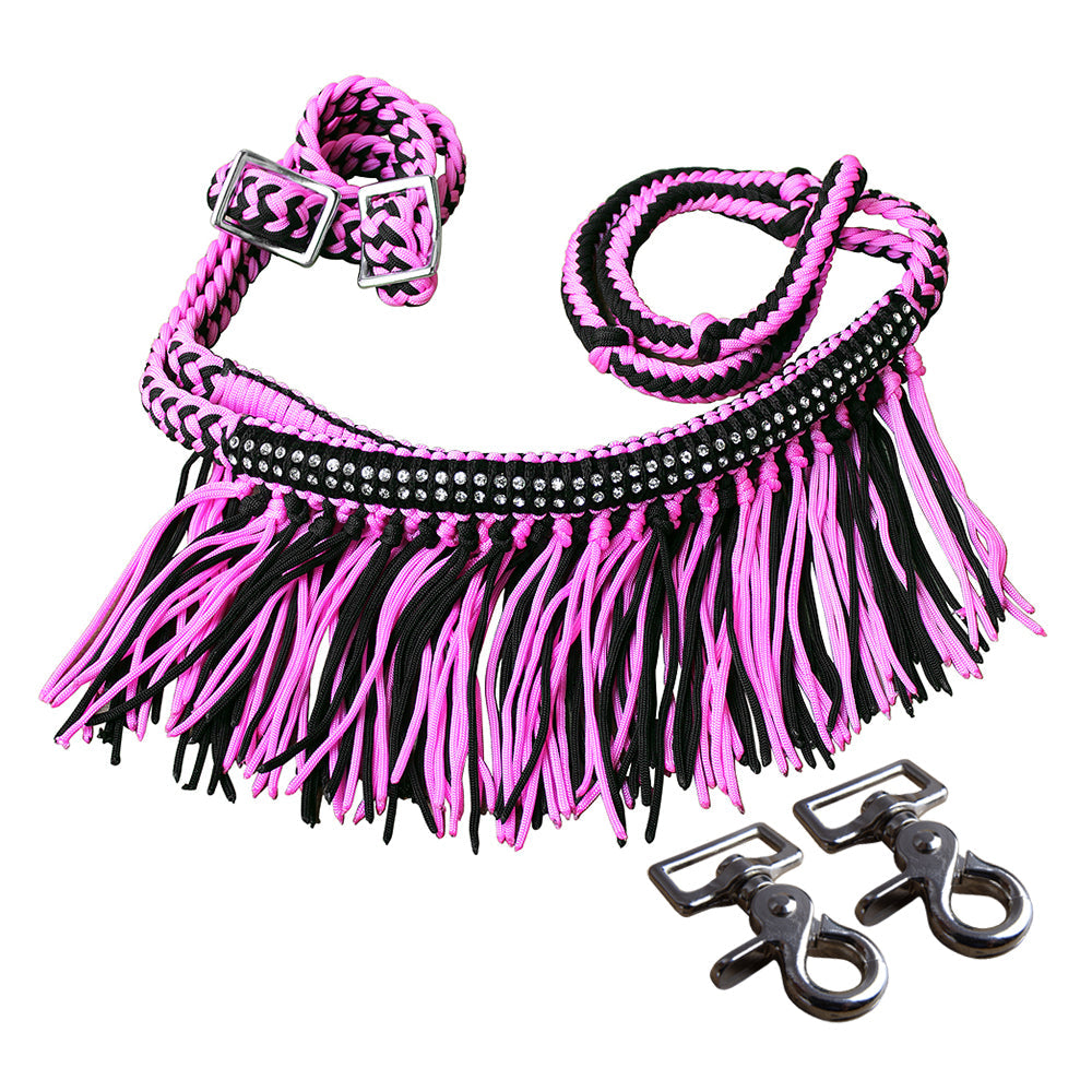 1&quot; X 8Ft Hilason Braided Barrel Horse Racing Reins Knots Fringe Crystal W/ Snaps