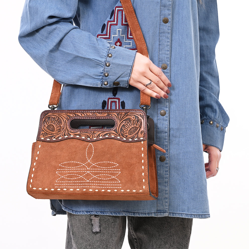 American Darling ADBG1658 Cross Body Hand Tooled Suede Genuine Western Leather Women Bag Western Handbag Purse
