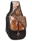 Hilason Western Horse Floral Genuine Hair-On Leather Saddle Bag Black / Brown Heavyduty Traditional Trail Ride