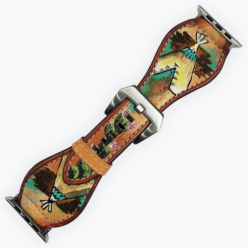 American Darling Hand Tooled I watch Strap Genuine Leather With Beautiful Cactus Painted Smart