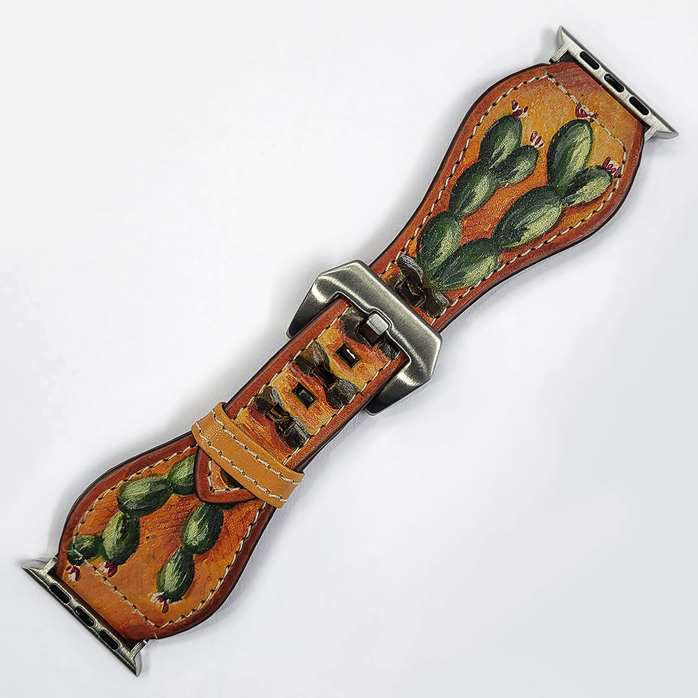 American Darling Hand Tooled I watch Strap Genuine Leather With Beautiful Cactus Painted Smart