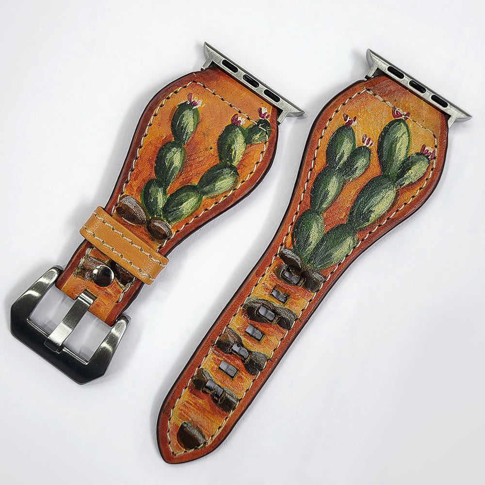 American Darling Hand Tooled I watch Strap Genuine Leather With Beautiful Cactus Painted Smart