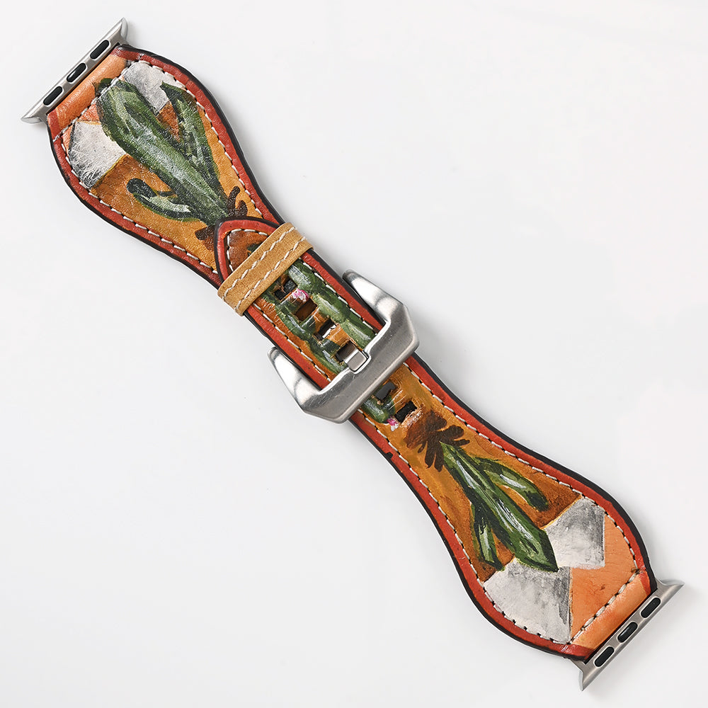 American Darling Hand Tooled I watch Strap Genuine Leather With Beautiful Cactus Painted Smart