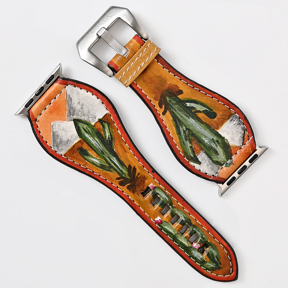 American Darling Hand Tooled I watch Strap Genuine Leather With Beautiful Cactus Painted Smart
